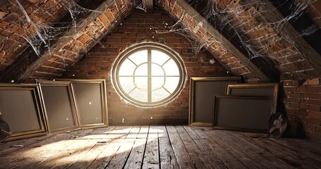 Sunlit attic with vintage frames and spider webs, showcasing rustic charm and tranquility - Powered by Adobe