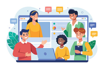 Dynamic online business discussion highlighting collaboration and engagement among diverse individuals using digital platforms to exchange ideas