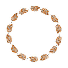 A circular arrangement features various orange and brown leaves with striped patterns. Perfect for autumn decor or crafting ideas, giving a warm seasonal touch.