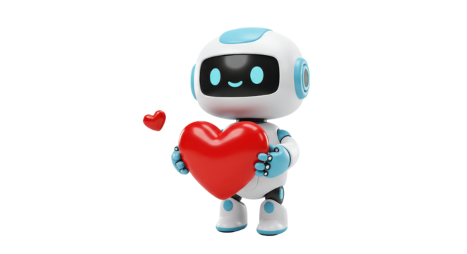 Adorable robot cherishes a large red heart, symbolizing love and technological affection.