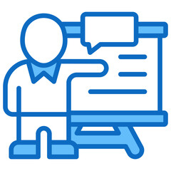 Business Presentation Blue Fill Outline Icon Vector Design - Person presenting data on board with speech bubble, representing meeting or pitch