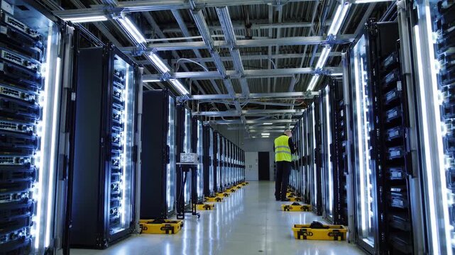 Professional network engineer performing systematic inspection of server racks within sleek data center, monitoring critical infrastructure and maintaining optimal operational security