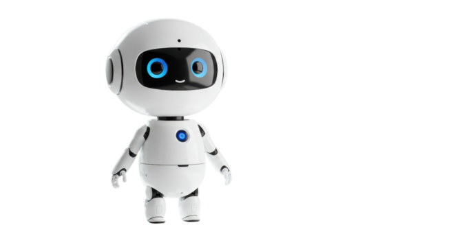 Adorable friendly robot character with bright blue eyes and smiling face, perfect for tech innovation.