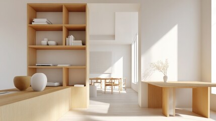 Fototapeta premium bright minimalist interior, light oak furniture, clean lines, white walls, wooden shelves, soft shadows, warm and natural