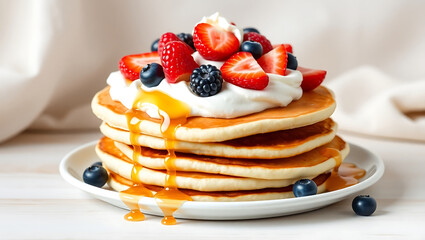 Delicious stack of pancakes topped with fresh berries and whipped cream