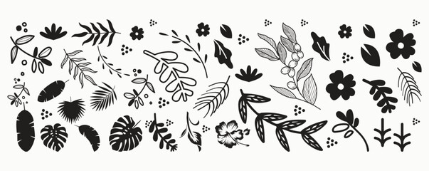 Beautiful romantic flower collection with roses, leaves, floral bouquets, flower compositions