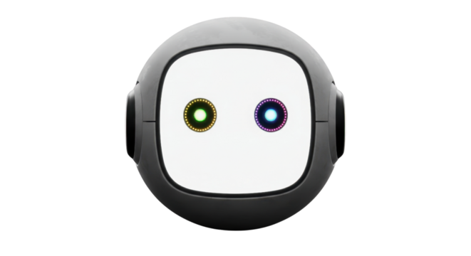Friendly futuristic robot with glowing colorful eyes, embodying AI innovation and modern technology