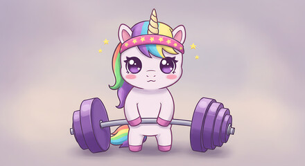 A cute cartoon unicorn with a rainbow mane struggles to lift a heavy purple barbell while wearing a sweatband.