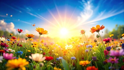 Vibrant flowers in a meadow bathed in sunlight