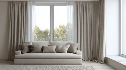 minimalist interior with natural linen curtains, soft beige sofa, linen cushions, airy light, cozy texture