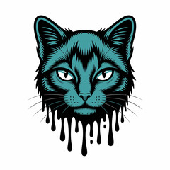 Dripping Cat Head Illustration Bold Blue Feline Art Vector Design