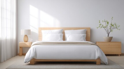 peaceful minimalist bedroom, soft white linens, light wood tones, diffuse morning light, calm atmosphere, clean space 