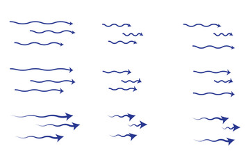 Air flow. Set of blue arrows showing direction of air movement. Wind direction arrows. Blue cold fresh stream from the conditioner.