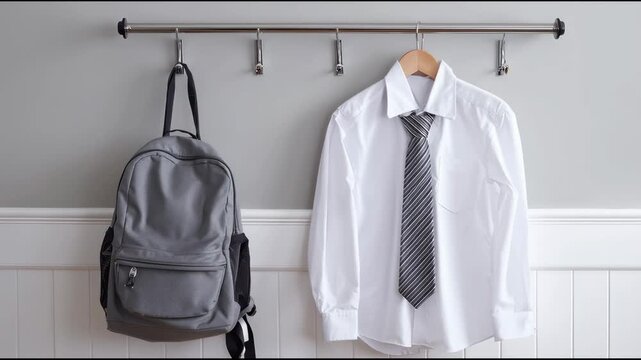 School uniform white shirt and tie hanging with gray backpack on hook on minimalist wall  