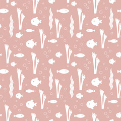 Pink ocean seamless pattern with fish and seaweeds in silhouette style. Cute sea vector background