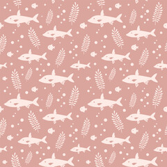 Pink ocean seamless pattern with fish and seaweeds in silhouette style. Cute sea vector background