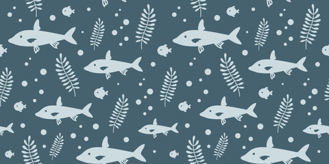 Ocean seamless pattern with fish and seaweeds in silhouette style. Cute sea vector background