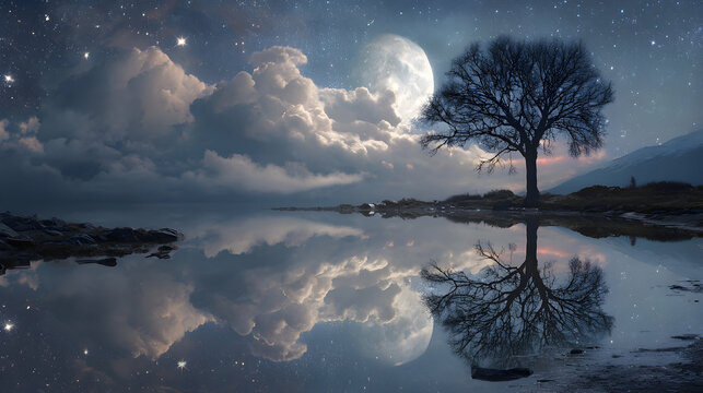 Moonlight illuminates a serene lake with reflections of clouds and a solitary tree at twilight in a tranquil landscape