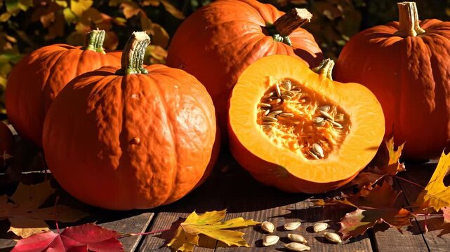 Close-up of fresh pumpkins and cut section on a wooden table with autumn leaves