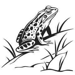 Stylized Black and White Illustration of a Frog on a Rock Surrounded by Grass
