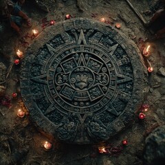 Fototapeta premium Ancient stone calendar surrounded by candles and figures
