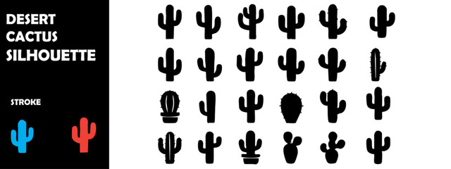 Desert Cactus Silhouette Icons Vector Set – Drought, Wilderness and Arid Landscape Symbols