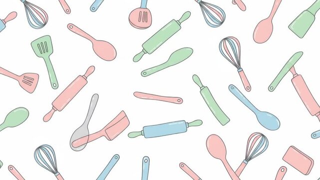 A pastel-colored kitchen utensil pattern on a white background.  Various cartoon-style spatulas, whisks, spoons, and rolling pins are randomly scattered across the image in a repeating pattern.  