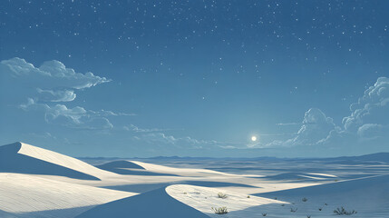 Expansive desert landscape under a starry night sky with a bright moon illuminating the dunes