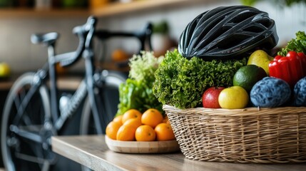 Basket of fresh fruits and vegetables with a bicycle in the background.