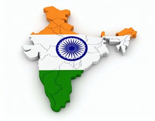 3D map of India, showcasing the country's shape and national flag.