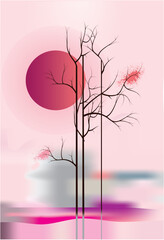 Landscape with trees and a red sun