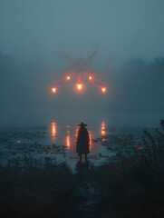 Mysterious figure standing at a misty lake under glowing lanterns with an ominous creature in the background at twilight