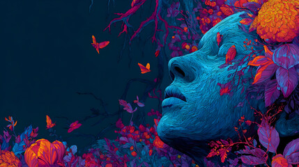 Vibrant exploration of a human face surrounded by colorful flowers and butterflies in a surreal garden setting