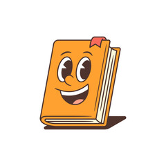Charming orange book character with wide eyes, joyful smile, and visible pages. Great for children learning, school branding, and educational visuals. Fun forward-tilt pose. Vector illustration.