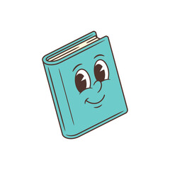 Light blue cartoon book mascot with wide expressive eyes, joyful smile, and red bookmark. Perfect for education, children learning, and playful designs. Vector illustration