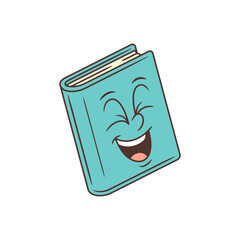 Bright turquoise cartoon book mascot with closed joyful eyes smiling mouth. Slightly tilted rectangular shape with visible cream pages. Ideal for education, children learning, and fun reading projects