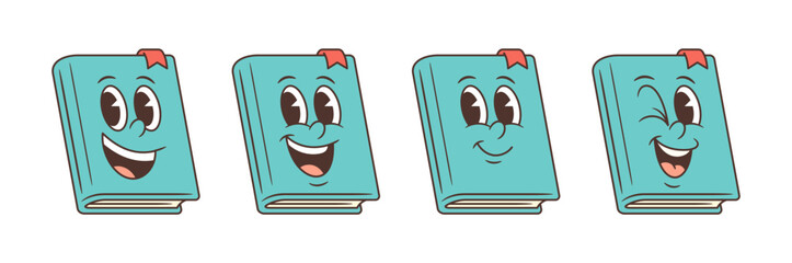 Set of four blue cartoon book mascots featuring excited, calm, and joyful expressions. Clean outlines create engaging educational and children content mascots perfect for digital and print projects