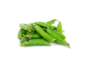 Fresh green pea pods with green peas isolated on white background. Sweet green peas. Green pea...