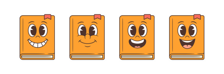 Set of four orange cartoon book mascots with expressive faces showcasing happy, calm, playful, and excited emotions. Ideal for educational, children content, and digital projects. Vector illustration