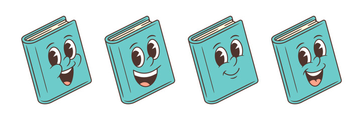 Set of four blue book mascots with vivid facial expressions ranging from excited to calm. Characters with bright eyes and smiles, perfect for educational and children content designs