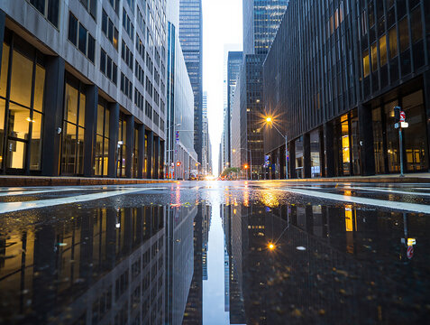Wet city street reflections at dusk urban