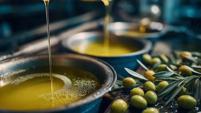 Fresh Olive Oil Being Poured into Metal Containers with Olives Nearby