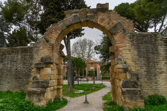 Porta della Mandria, a restored Roman city gate arch in Fano, Italy