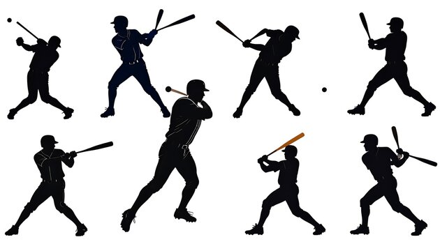 Dynamic baseball silhouettes collection showcasing various batting stances and positions