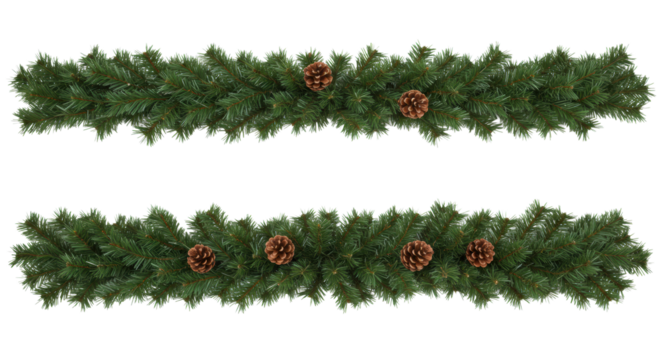 Two vibrant green artificial christmas garlands, one plain and one with natural brown pinecones, precisely arranged on a transparent, shadowless studio background, top-down view, concept for holiday