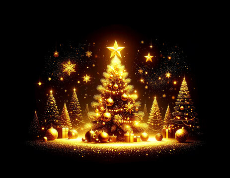 Golden Christmas scenery illustration on dark background with many decorative branches, decorations, stars.