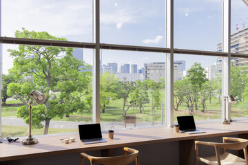 Fototapeta premium 無人のモダンなインテリア オフィス ロビー ラウンジ