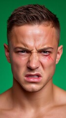 Naklejka premium Close-Up Portrait of a European Man with Dramatic Makeup Streaks Against a Green Background