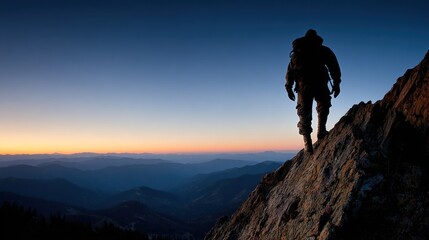Obraz premium Silhouette of a hiker ascending a mountain at sunrise.