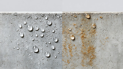 Close up view of cement wall showcasing two sections one with water droplets on smooth surface and other displaying rust stains and droplets, highlighting texture and contrast